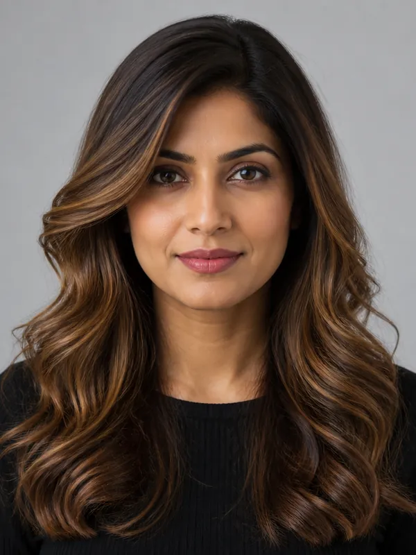 Long layers with honey balayage — a flattering hairstyle for oval faces